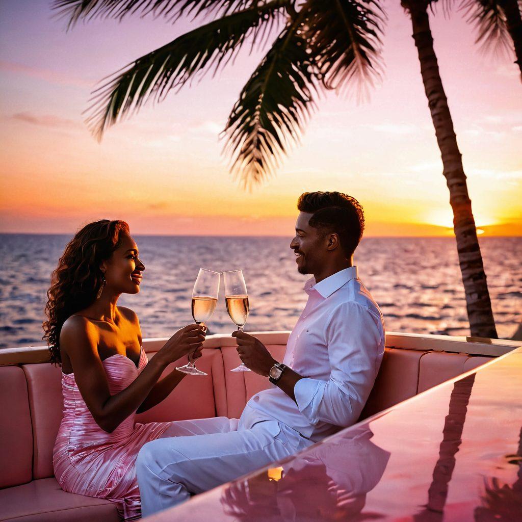 A couple enjoying a romantic sunset on a luxury cruise, with the ocean waves gently lapping against the ship's hull. Soft, warm lighting bathes the scene as they share a bottle of champagne, surrounded by elegant decor. Palm trees sway in the background, hinting at a tropical destination. The horizon glows with vibrant orange and pink hues, symbolizing intimacy and tranquility. super-realistic. vibrant colors. 3D.