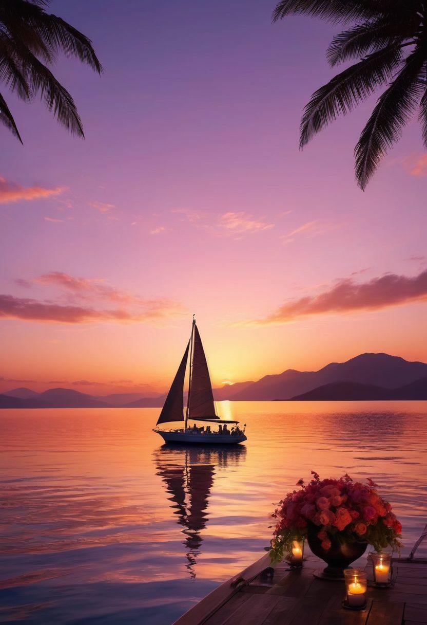 A stunning sunset view over a calm ocean, with a luxurious sailboat gently gliding through the water. The boat is adorned with romantic decorations like flowers and candles, while two silhouettes of a couple embrace on the deck, surrounded by warm hues of orange and pink. In the background, silhouettes of distant islands create an idyllic setting, inviting wanderlust and romance. super-realistic. vibrant colors. panoramic view.