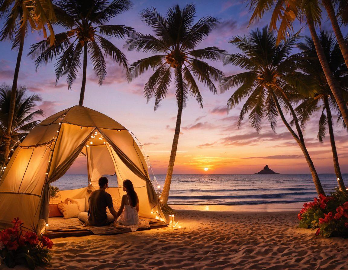 A romantic beach scene at sunset with a couple holding hands, seated in a cozy beach tent adorned with fairy lights. Gentle waves lapping at the shore, surrounded by tropical flowers and palm trees. In the distance, a small sailboat is anchored, symbolizing adventure. Soft, warm colors blending into a serene sky for an enchanting atmosphere. super-realistic. vibrant colors.